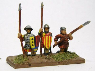 Catalan Almughavars 
Alain Touller Spearmen and Almughavars painted as armoured Catalans, some with FCB shields for added Catalan authenticity. Essex figure on right
Keywords: Catalan medfoot