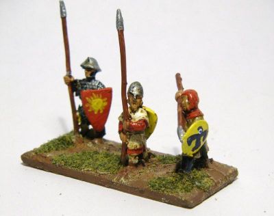 Catalan Almughavars 
Alain Touller Spearmen and Almughavars painted as armoured Catalans, some with FCB shields for added Catalan authenticity. Almughavar figure nearest camera
Keywords: Catalan medfoot