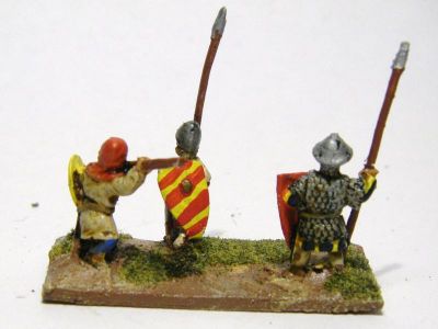 Catalan Almughavars 
Alain Touller Spearmen and Almughavars painted as armoured Catalans, some with FCB shields for added Catalan authenticity.Almughavar figure on left
Keywords: Catalan medfoot