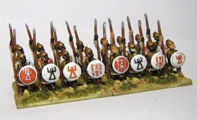 Carthaginian / Libyan Spearmen
Spearmen from Essex, with [url=http://www.littlebigmenstudios.com/catalog/] Little Big Man shield transfers[/url]. Figure code MPA 77 
Keywords: ecarthage lcarthage