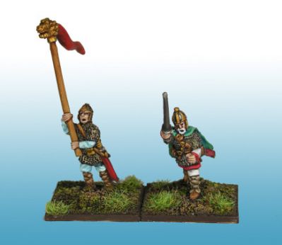 Germans - KM-1602 Later German infantry chieftain and standard bearer (x2)
From [url=http://khurasanminiatures.tripod.com/latergerman.html]Khurasan[/url] and painted by [url=http://www.coolminiornot.com/artist/yaro]Chris Yaro[/url]
Keywords: EGERMAN lgoths bulgar gothfoot gothcav