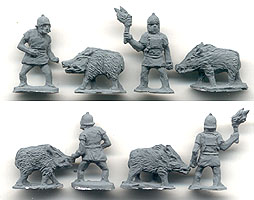 Pigs on Fire
Photos kindly supplied by the manufacturer [url=http://www.baueda.com]Baueda[/url]. These figures are designed for incendiary pigs and handlers to be used as Reg Art(I) in DBM list 10 bookII, Camillan Roman 400BC - 275BC 
Keywords: hfoot mrr