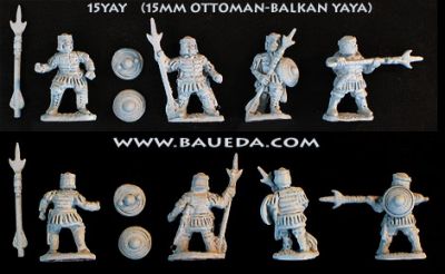 Ottoman-Balcan Yaya 
Photos provided by the manufacturer [url=http://www.baueda.com]Baueda[/url]. Figure codes as per illustration or filename. Infantry armed with incendiary Javelins !
Keywords: Ottoman