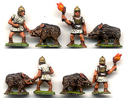 Flaming Pigs
Photos kindly supplied by the manufacturer [url=http://www.baueda.com]Baueda[/url] These figures are designed for incendiary pigs and handlers to be used as Reg Art(I) in DBM list 10 bookII, Camillan Roman 400BC - 275BC 
Keywords: MRR hfoot