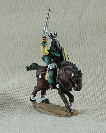 Vandal Mounted Officer/General
Vandal cavalry from [url=http://www.donnington-mins.co.uk/]Donnington[/url] and painted by their painting service. DNC03 
mail shirt with pteruges, waving sword, feather creasted spangenhelm, cloak, round shield
Keywords: Vandal gothcav ebulgar visigoth