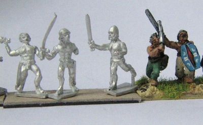 Unclothed  Gallic Warriors from Fantassin
Shots of new Gallic range (pack code AGL-03) from Fantassin / [url=http://www.warmodelling.com]Warmodelling.com[/url] next to 2 Old Glory Celts (painted) to show relative size 
Keywords: Gallic Galatian