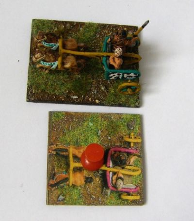 Mycenean chariot and 40x40 printed substitute marker
The Museum chariot is too long to fit on a 40x40 DBx base, so I created there drop-in markers with a 'squashed' photo of the chariot if they are ever needed to show what the prioer base size should be. 
