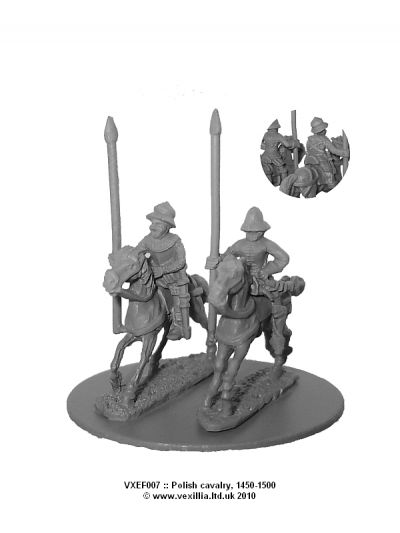 Later Polish cavalry, 1450-1500.
Polish range from [url=http://www.vexillia.ltd.uk/]Vexillia.co.uk[/url], sculpted by Clibinarium to match both Mirliton and Essex Miniatures - Polish cavalry, 1450-1500.
Lance upright, trotting horse. (2 variants). Pictures used with permission of the manufacturer
Keywords: LPolish C15