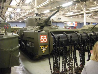 Sherman Crab flail tank
Sherman Crabs are displayed at the CFB Borden Military Museum, Ontario, Canada; the Yad La-Shiryon museum in Israel, the Overloon War Museum in the Netherlands; the Bovington Tank Museum in England and in India, at the Armoured Corps Museum in Ahmednagar Fort, Ahmednagar.
