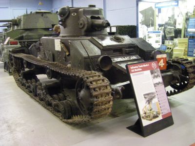 Matilda I
The Tank, Infantry, Mk I, Matilda I (A11)[1] was a British infantry tank of the Second World War. It is not to be confused with the later model Tank, Infantry Mk II (A12), also known as the "Matilda II" which took over the "Matilda" name after the early part of the war when the first Matilda was withdrawn from combat service. They were of totally different design and did not share components, but did have some similar traits because they were both designed to be infantry tanks, a type of tank that tended to sacrifice speed for increased armour protection.
