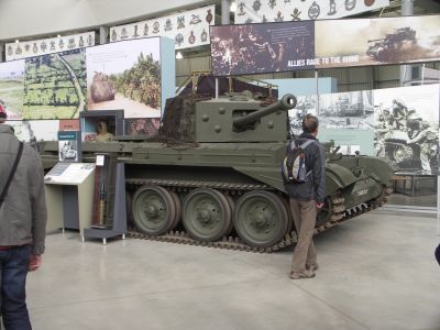 Cromwell
The Cromwell first saw action in the Battle of Normandy in June 1944. The tank equipped the armoured reconnaissance regiments, of the Royal Armoured Corps, within the 7th, 11th, and Guards Armoured Divisions. While the armoured regiments of the latter two divisions were equipped with M4 Shermans, the armoured regiments of the 7th Armoured Division were fully equipped with Cromwell tanks. 
