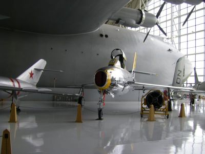 Spruce Goose and F84 
Taken at Evergreen Aerospace Museum, McMinnville, Oregon. With Mig 17 next to it. 
